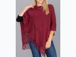 Women's Cage With Ribbed Knit Thick Fringed V-Neck Poncho - 6 Color Options