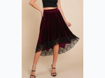 Women's Velvet Elastic Waistband Hi-Low Midi Skirt With Lace Detail - 2 Color Options