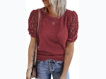 Womens Puff Sheer Lace Sleeve Knit Short Sleeve Top - RED - SIZE XL