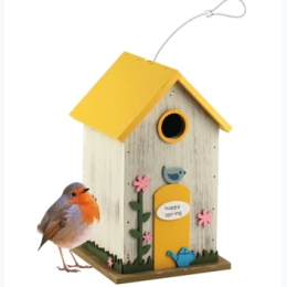 10.75" Wood Happy Spring Yellow Roof Hanging Birdhouse Feeder