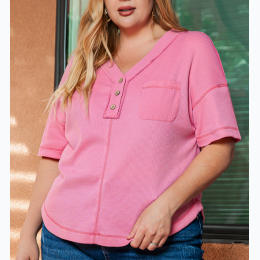 Plus Size Pink Waffle Knit Exposed Seam V Neck Henley - SIZE 1X