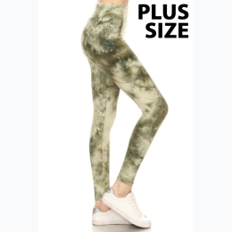 Women's Plus Yoga Style Green Tie-Dye Fitted Leggings - One Size Fits Most - 1X-2X