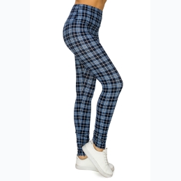 Women's High Waisted Blue Plaid  Leggings - One Size Fits Most - Size 2-12