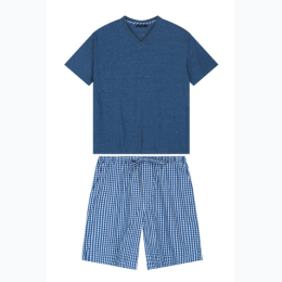 Mens Premium Cotton Boxer Short & V-Neck T Lounge Set in Navy Plaid