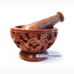 Vine Carved Soap Stone Mortar & Pestle - 3"D