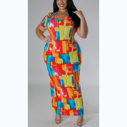 Plus Size Bulgari Print V Neck Short Sleeve Multicolor Dress