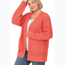 Plus Size Low Gauge Waffle Open Front Cardigan - 2 Color Options