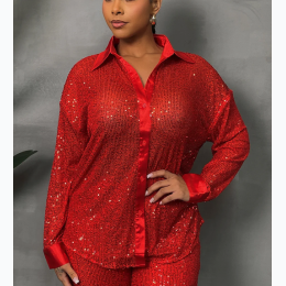 Women's Sequined Long Sleeve Button Down Blouse - 2 Color Options