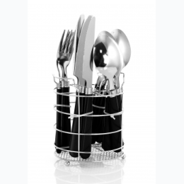 Gibson Sensations II 16 Piece Stainless Steel Flatware Set with Black Handles and Chrome Caddy