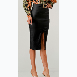 Women's Solid High Waist Faux Leather Pencil Skirt w/ Buckle Detail in Black - SIZE S