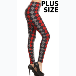 Women's Plus Red/Grey Argyle Leggings - One Size Fits Most - Sizes 12 - 18