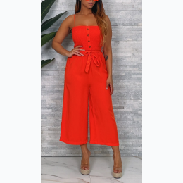 Junior's Spaghetti Strap Wide Leg Jumpsuit in Orange - SIZE M