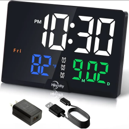 Digital Alarm Clock- Large Number LED Display – Calendar – Date – Temperature – Colored Digits