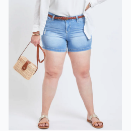 Plus Size Distressed Wannabettabutt 1-Button Side Slit Hem Shorts in Light Wash