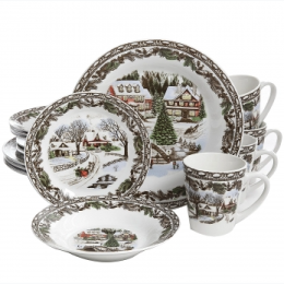 Gibson Home Christmas Toile 16 Piece Dinnerware Set