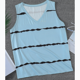 Plus Size Blue Grey Stripe Print V Neck Tank