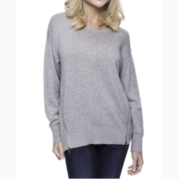 Women's Box-Packaged Cashmere/Wool Blend Crew Neck Sweater with Side Zip - 2 Color Options