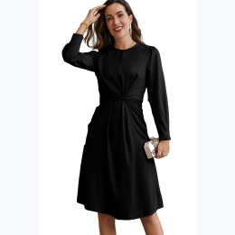 Women's Black Twist Front Tie Back Long Sleeve Satin Dress in Black