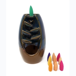 Two-Tone Waterfall Ceramic Backflow Incense Cone Burner w/ Cones - 7.5" H