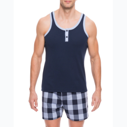 Men's Premium Cotton Boxer Tank Top Lounge Set in Gingham Blue