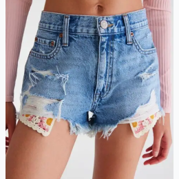 Women’s Famous Maker Distressed Vintage High Rise Denim Shorty Shorts With Inner Crochet Detail - Close Out Special