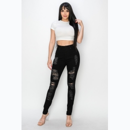 Women's High-Rise Skinny Stretch Distressed Denim Jeans in Black