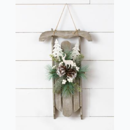 Wall Hanging - Wooden Sled, Winter Frosted Greens