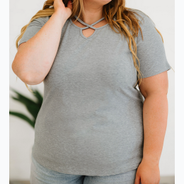 Plus Size Grey Crisscross Ribbed Knit T-shirt