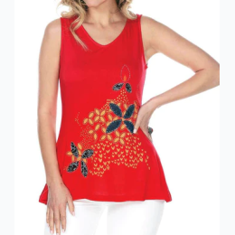 Women's Floral Hand Stitch Patch Design Tank Top in Red - SIZE S