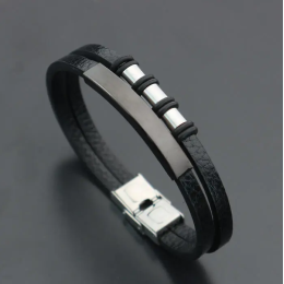 Men's Double Leather Black & Silver Polished Stainless Steel Bracelet in Black