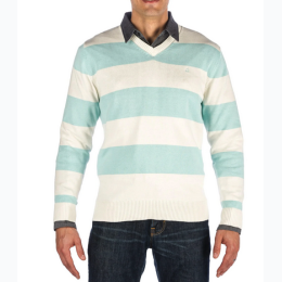 Men's 100% Cotton Rugby Stripe V-Neck Essential Sweater - 2 Color Options