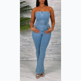 Junior's Denim Tube Bootcut Jumpsuit - MEDIUM DENIM - SIZE M