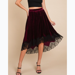 Women's Velvet Elastic Waistband Hi-Low Midi Skirt With Lace Detail - 2 Color Options