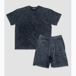 Men's Acid Washed Tee & Flc Shorts Set in Black