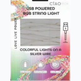 10 Foot USB Powered Colorful LED String Light on Silver Wire