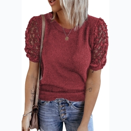 Womens Puff Sheer Lace Sleeve Knit Short Sleeve Top - RED - SIZE XL