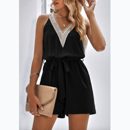 Women's Contrast Neckline Belted Sleeveless Pockets Romper - 2 Color Options