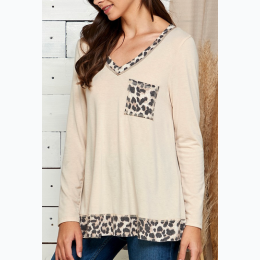 Women's Soft Leopard Contrast Long Sleeve V Neck Top