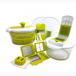 MegaChef 10-in-1 Multi-Use Salad Spinning Slicer, Dicer and Chopper with Interchangeable Blades and Storage Lids