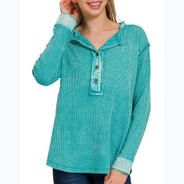 Women's Washed Baby Waffle Long Sleeve Henley - 2 Color Options