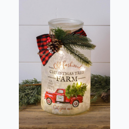 Frosted Glass Luminary With Bow - Christmas Tree Farm