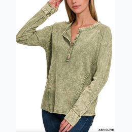 Women's Washed French Terry Raglan Henley Top - 3 Color Options